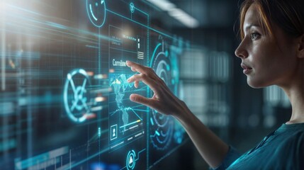 Poster - Woman interacting with a futuristic touchscreen interface, showcasing advanced technology and innovation in a high-tech environment..