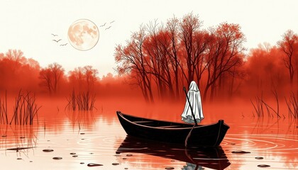 Sticker - Ghostly Rowing in a Red Forest.