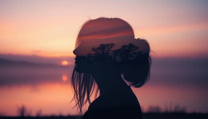 Poster - Woman Silhouette with Sunset in Her Mind.