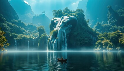 Wall Mural - Surreal Landscape with Skull-Shaped Mountain and Waterfall.