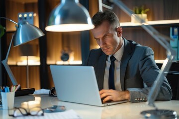 A serious businessman, clad in a business suit, sits alone at his office desk, deeply engrossed in planning strategy as he works on his laptop with intense focus.