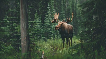 Naklejka na meble Moose in a Forest: A majestic moose standing among tall, green trees in a lush forest. Minimalist stock photo