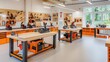 © WACHI - Modern woodworking workshop with various tools, workbenches, and organized cabinets, brightly lit and spacious for detailed craftsmanship.