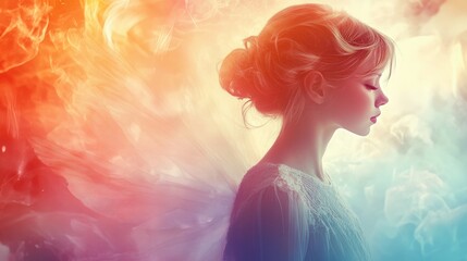 Cute fairy girl with wings, angelic abstract background, fractal texture, romantic hues, elegant gloss