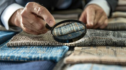 Closeup of man's hand holding magnifying glass over fabric swatches.