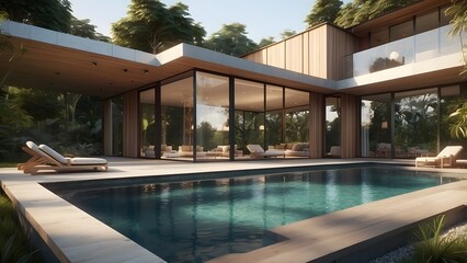 A modern villa set against a backdrop of lush greenery and a crystal clear pool.photorealistic home exterior design 