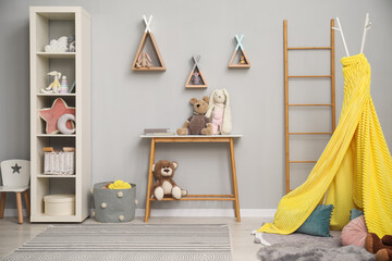 Sticker - Stylish child room interior with modern furniture, toys and play tent