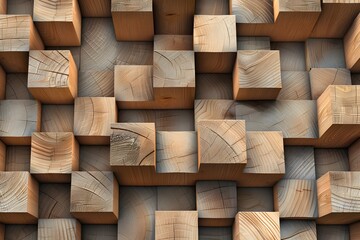 Poster - A seamless pattern of wooden blocks arranged in an intricate geometric arrangement, creating a visually appealing and textured background for various applications. The wood texture adds warmth to the 