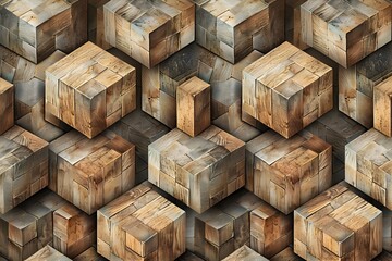 Poster - A seamless pattern of wooden blocks arranged in an intricate geometric arrangement, creating a visually appealing and textured background for various applications. The wood texture adds warmth to the 