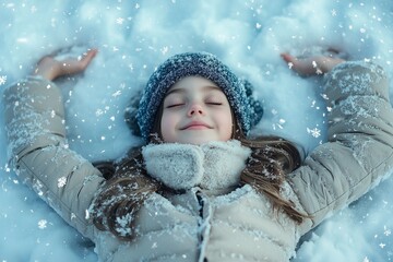 Wall Mural - girl playing in snow making snow angel during winter holiday