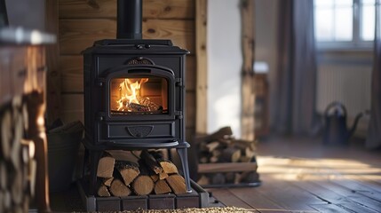 A Black Wood-Burning Stove With a Fire Inside