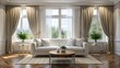 © nilawan - Modern Living Room with White Sofa and Large Windows.