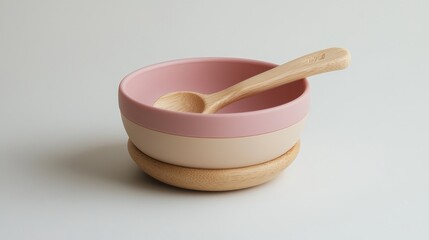 Wooden bowl with a wooden spoon in a minimalist setting