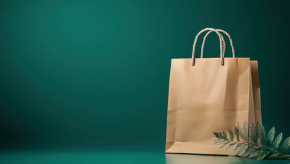 Brown paper bag on green background, symbolizing eco-friendly shopping