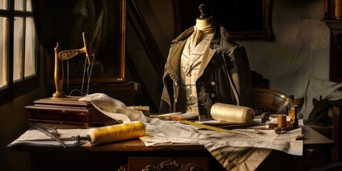 Wall Mural - Vintage Sewing Tools and Fabric on a Wooden Table.