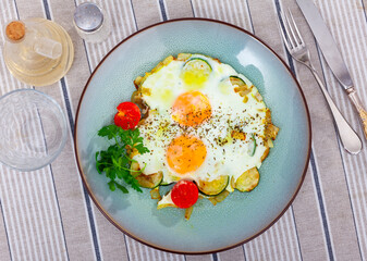 Wall Mural - Appetizing fried eggs with zucchini and herbs served on plate for breakfast