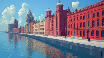 Wall Mural - Vibrant Waterfront Architecture Under Blue Sky