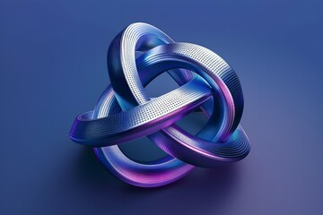 Poster - 3D render of an abstract knot on a blue background, with a simple minimalistic design using blue and purple colors with a metallic texture. The perspective view is from the side as a close-up shot wit