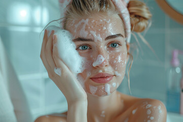 A young woman with blonde hair and blue eyes washes her face with a foaming cleanser and a sponge in a bathroom setting.