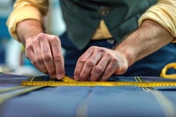 Wall Mural - Close-up of a tailor's hands measuring fabric.