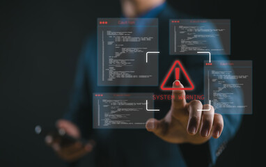 Poster - Spam virus with warning caution for notification on internet security protect. Businessman touch warning sign on virtual screen, Ransomware malware attack and data breach.