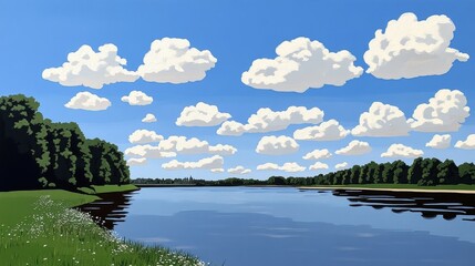 Sticker - Serene River Landscape with Clouds and Greenery