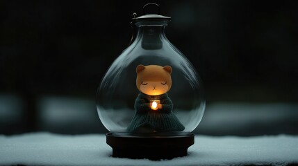 Poster - Illuminated Figurine in Glass Lantern on Snowy Surface