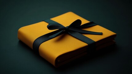 Canvas Print - Elegant Yellow Gift Box with Black Ribbon on Dark Surface