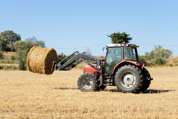 A tractor picks up the wheat field