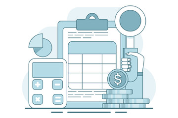 Wall Mural - concept of calculating business profits, analyzing business data, calculating budgets, profits and losses, generating report graphs from data, calculator with spreadsheet creation reports. vector.