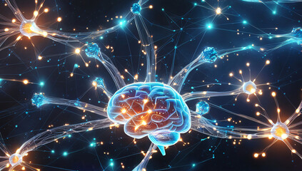 Digital brain with connection lines and glowing dots,modern technology and futuristic theme