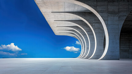 Poster - A large concrete pillar with a blue sky in the background. The pillar is tall and has a curved shape. The sky is clear and blue, with no clouds in sight. Concept of strength and stability