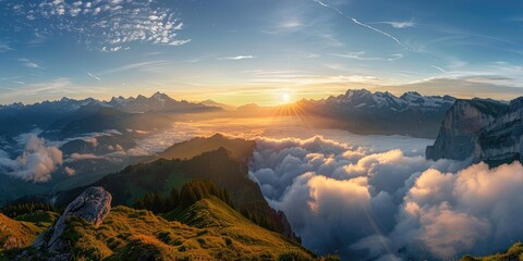 Wall Mural - Show a panoramic view from a mountain top in the Swiss Alps as the sun rises.