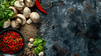 Asianstyled raw vegan food grain seeds vegetables mushrooms and fish hot and spicy Top view panorama banner with copy space : Generative AI