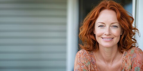 Sticker - Smiling chubby ginger haired housewife posing at her home backyard looking at the camera	