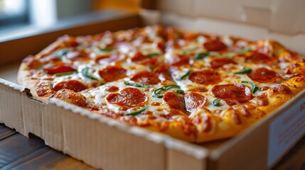 Leftover pizza in a box after lunch or dinner Fast food home delivery food : Generative AI