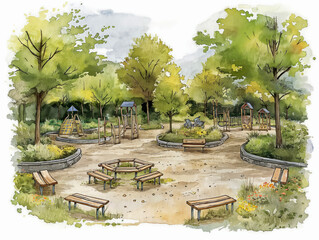 Wall Mural - A drawing of a park with a playground and benches. Scene is peaceful and relaxing