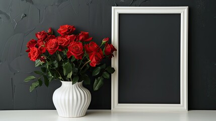 Red Roses in a White Vase Against a Dark Background