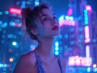 Fair-skinned blonde woman with slight bronze tint is surrounded by atmosphere of neon purple, blue, and pink lights, scene is set in  futuristic city, creating a futuristic world around her.