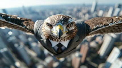 Wall Mural - Hawk in Suit Flying Over Cityscape.