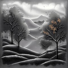 Low key bas relief of a trees, hills and sky landscape, in shades of gray