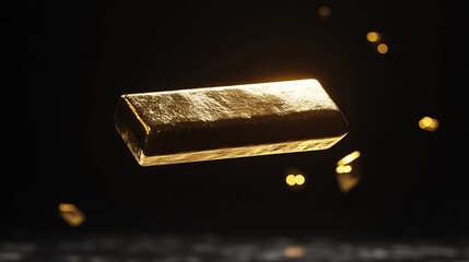Poster - Gold Bar float in mid air with element ingot nugget Gold bar standard is bank reserve to finance economic wealth and money saving black background isolated : Generative AI