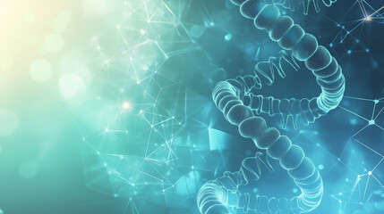 A blue and green background with a DNA strand in the foreground