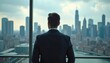 © BOJOShop - Businessman Looking Out Window at City Skyline.