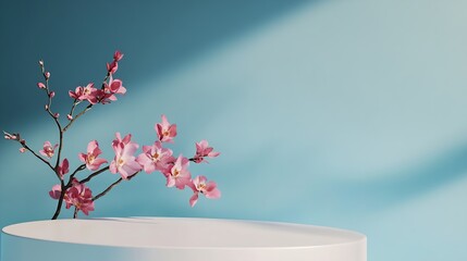 Poster - Abstract empty white podium with geometric shadows and pink flowers on blue background Mock up stand for product presentation 3D Render Minimal concept Advertising template : Generative AI