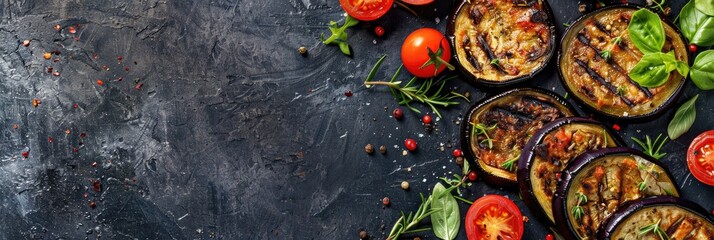 Canvas Print - Eggplant cutlets for vegetarians Cooking process with diet food concept Blank space for text