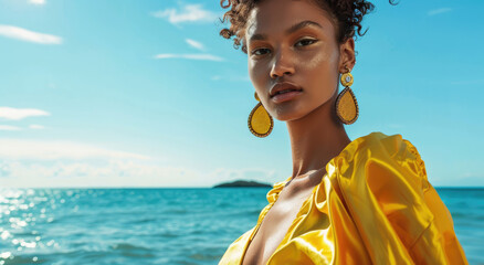 Wall Mural - A fashion model in a yellow silk dress and golden earrings, posing on the beach in a close-up shot on a sunny day with a blue sky and sea background.