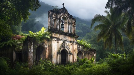 Costa Rica Valle de Orosi Ujarras Church Facade Ruins being overgrown by jungle forest : Generative AI