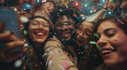 A group of friends were celebrating at an indoor party, wearing colorful hats and glasses for the New Year's Eve celebration