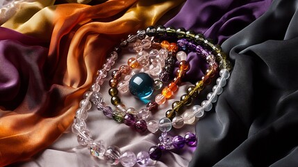 Aufkleber - Crystal gemstones collection  Flat lay top view photo  Gemstone bracelets bead strands crystal ball on fabric : Generative AI